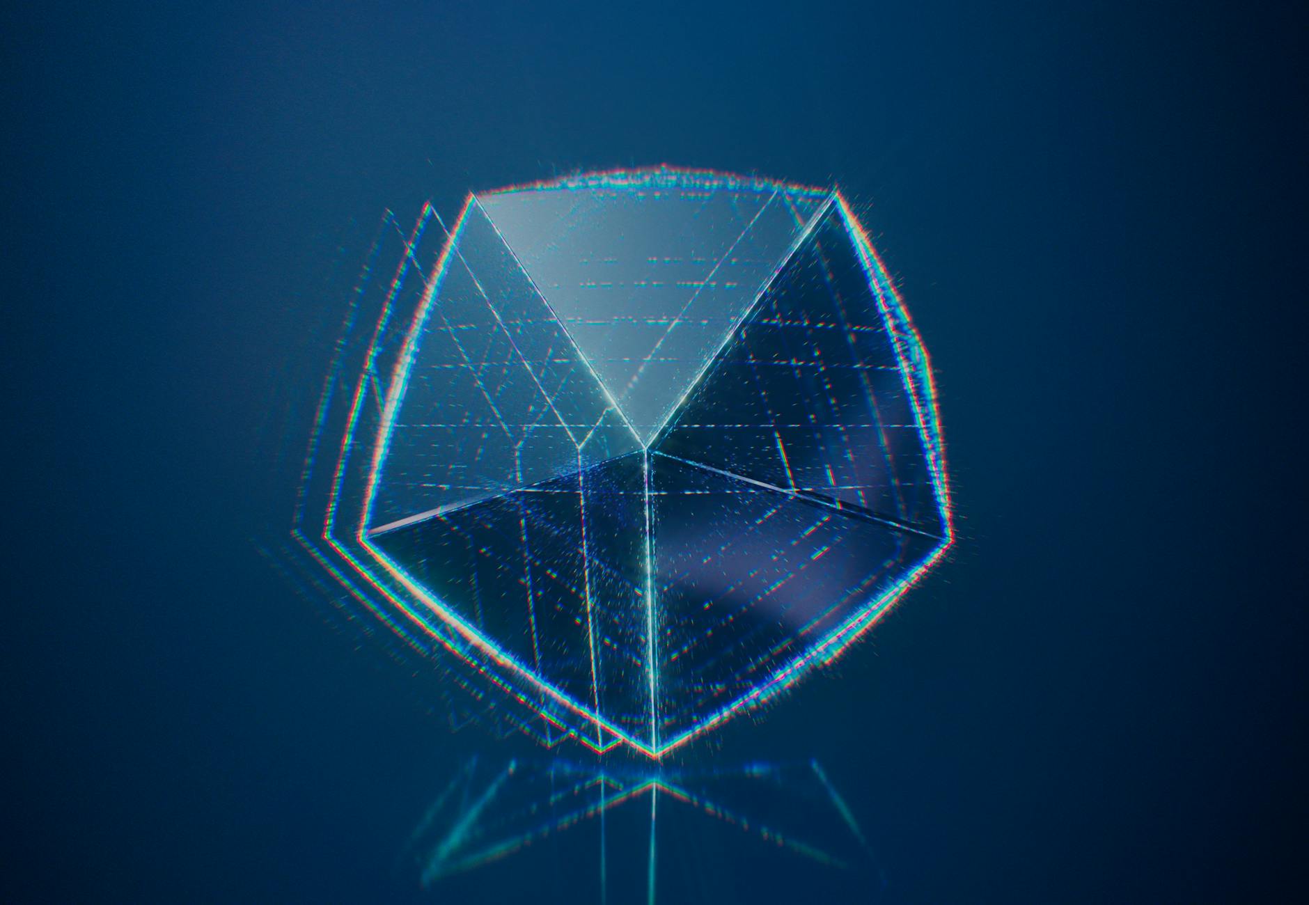 A digital rendering of a futuristic, abstract geometric shape on a blue gradient background.