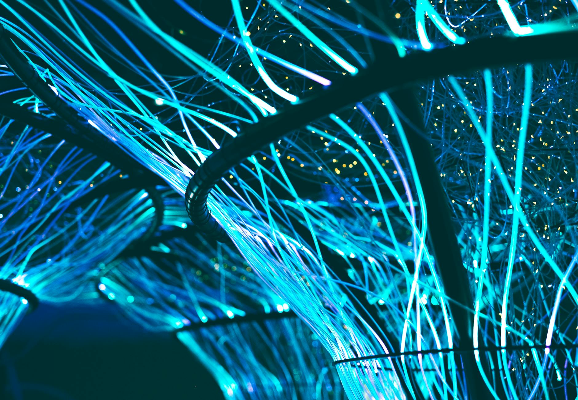 A mesmerizing display of glowing neon blue optical fibers creating a futuristic atmosphere.