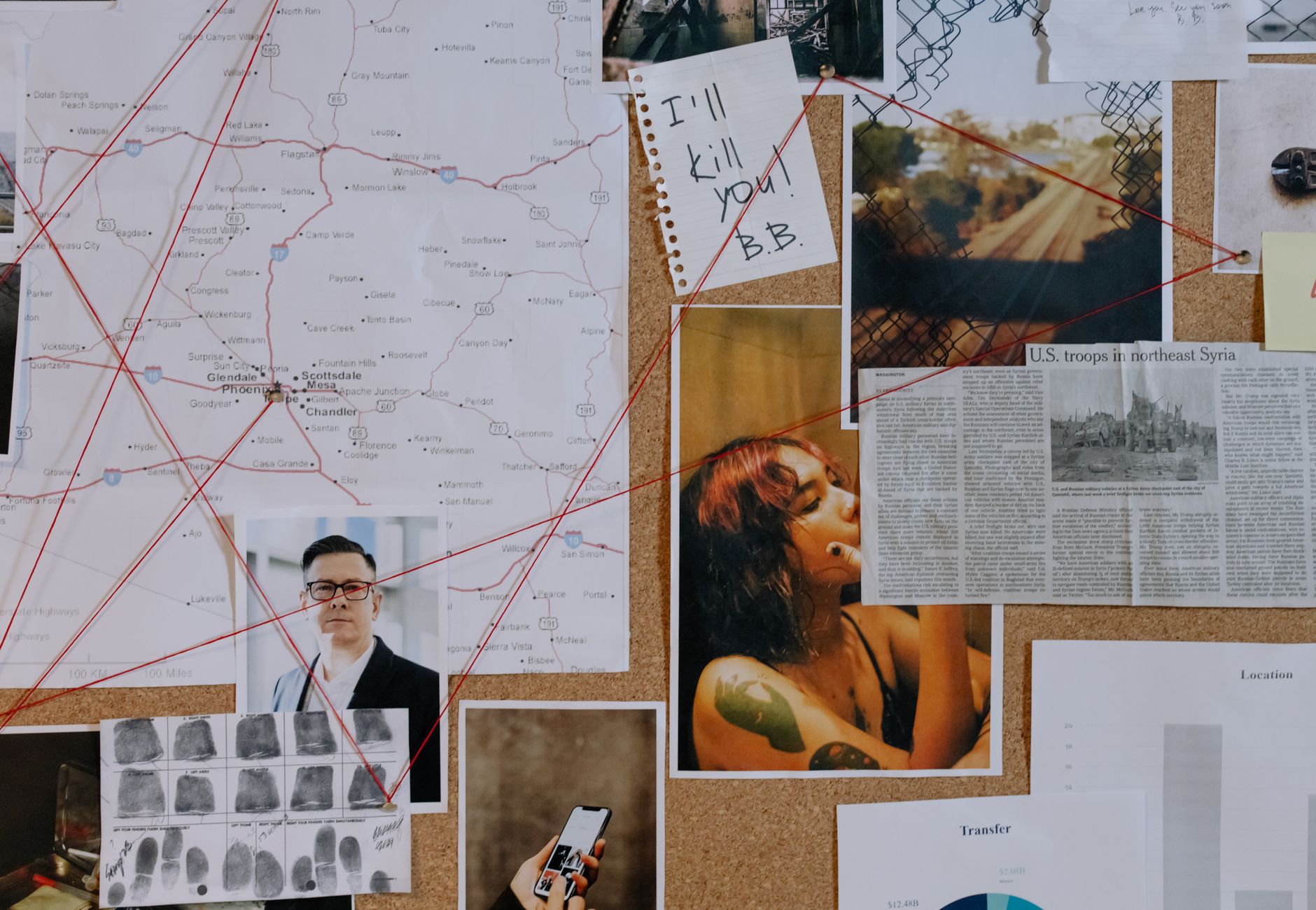 A detailed crime investigation board with photos, maps, and red threads used for connecting clues.