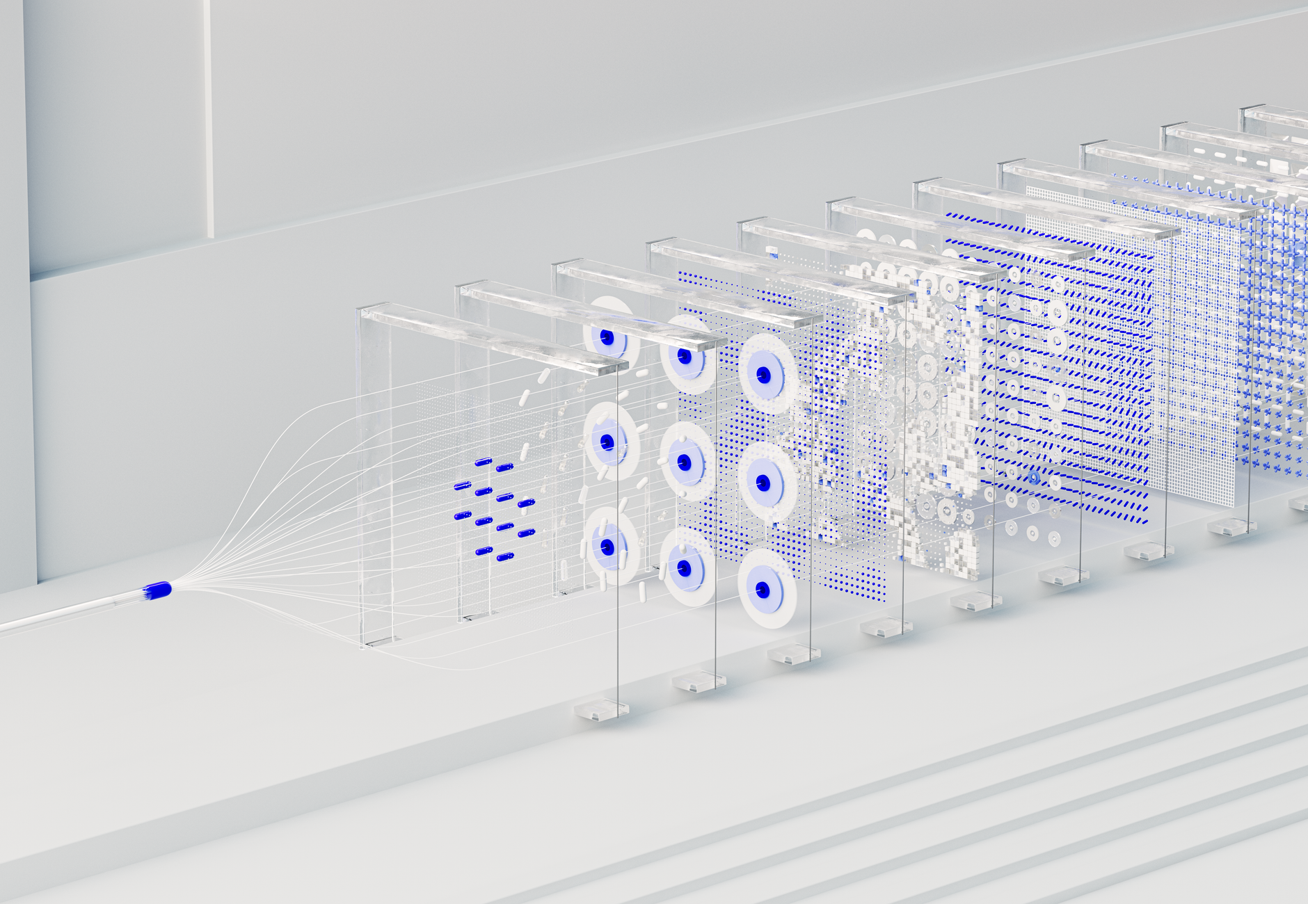 Visual abstraction of neural networks in AI technology, featuring data flow and algorithms.