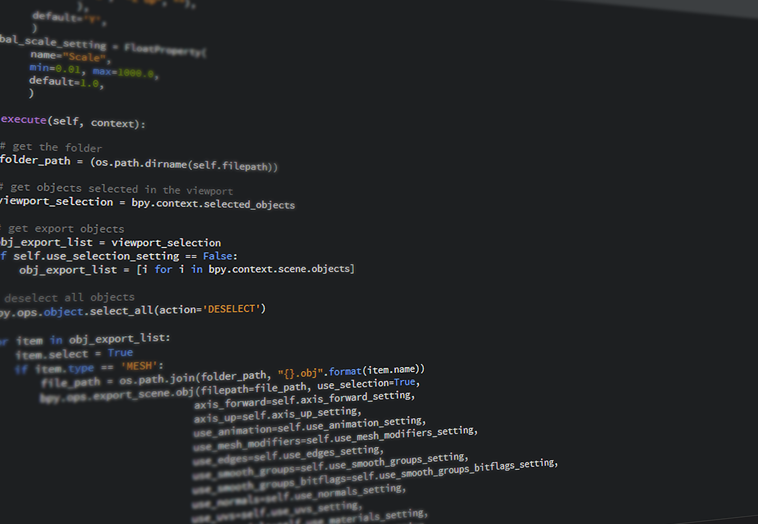 Close-up view of Python code on a computer screen, reflecting software development and programming.